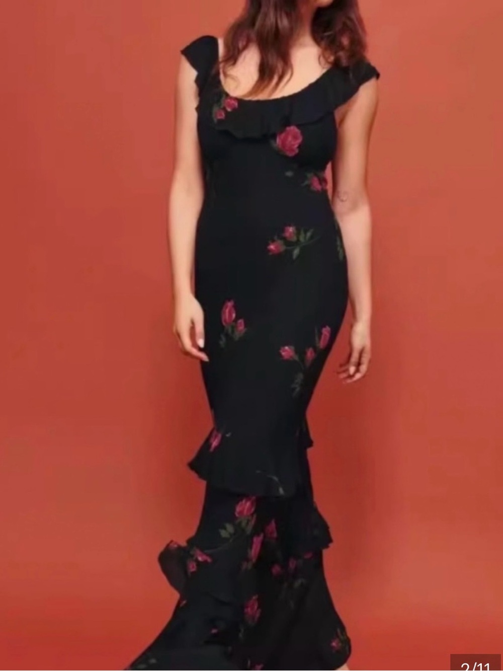 Reformation Tripoli Le Marias Black Floral Ruffle-Hem Maxi Dress